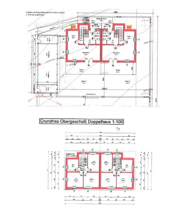 Grundriss des Obergeschosses eines Doppelhauses mit Raumaufteilung.