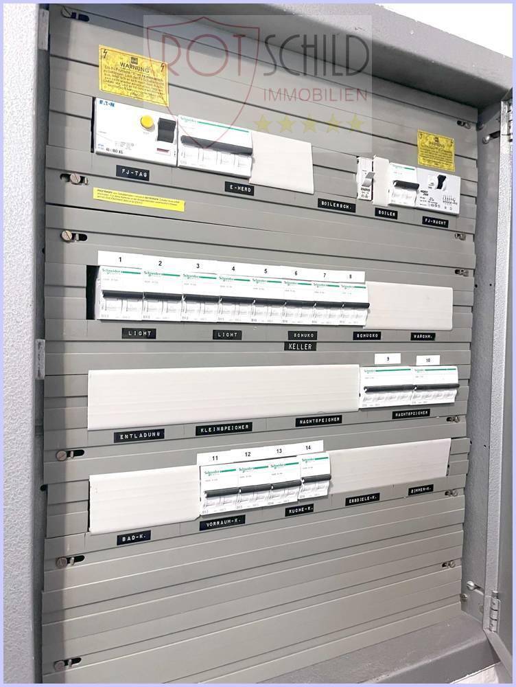 Elektrischer Sicherungskasten mit verschiedenen Schaltern und Beschriftungen für die Stromversorgung.
