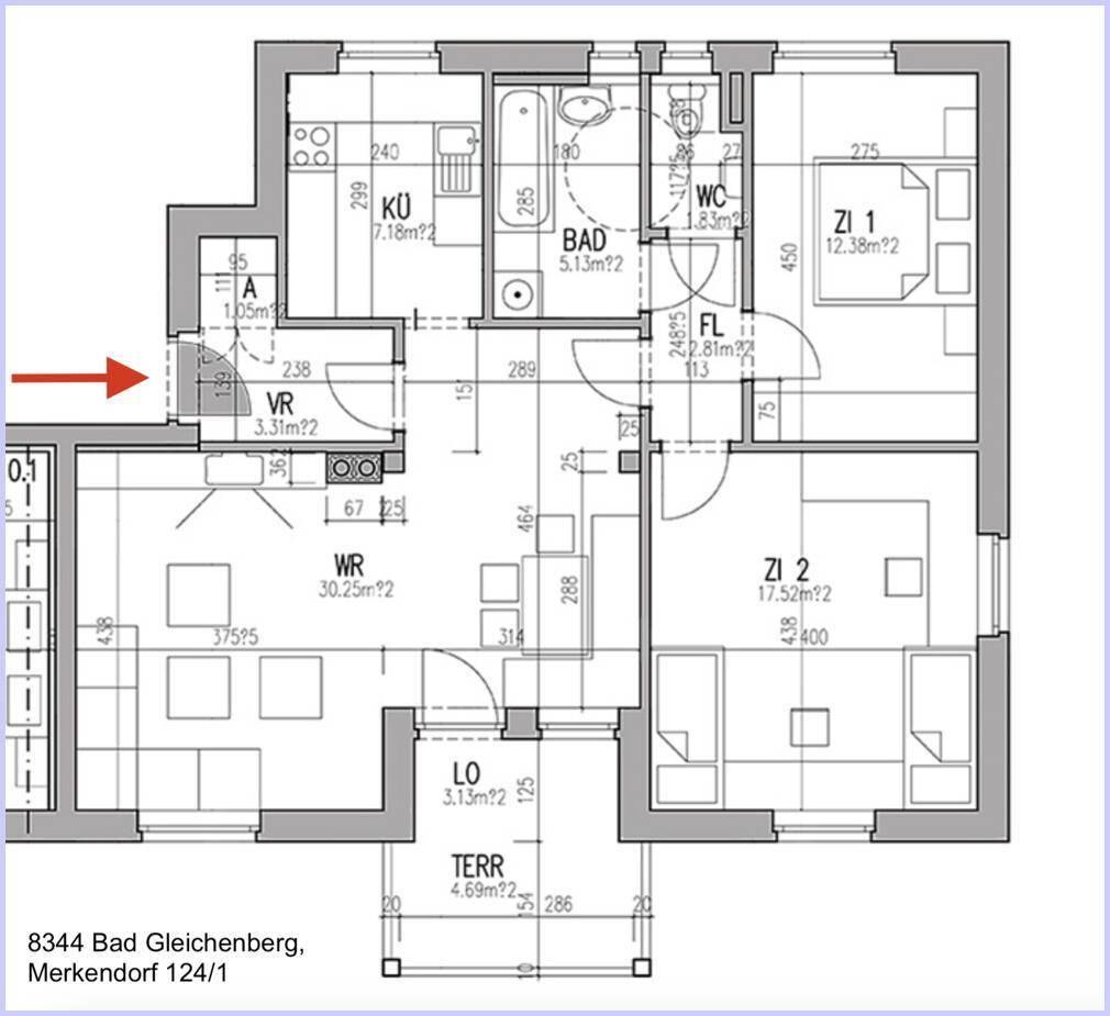 Detaillierter Grundriss der Wohnung mit Raumaufteilung und Flächenangaben.