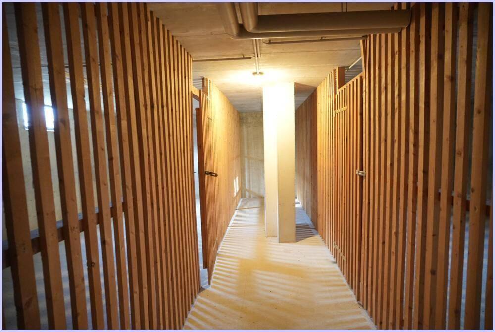 Kellerabteil mit Holzlattenwänden, bietet praktischen Stauraum für Bewohner.