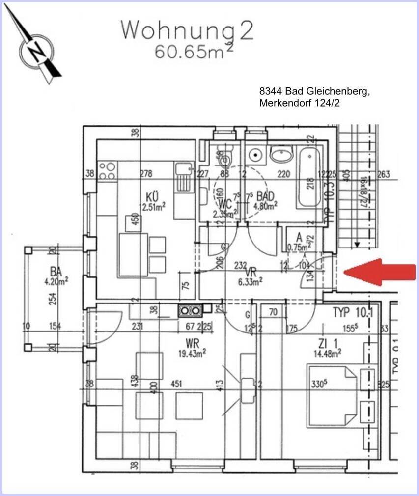 Grundriss der Wohnung 2 mit 60.65m², zeigt die Raumaufteilung und Balkon.