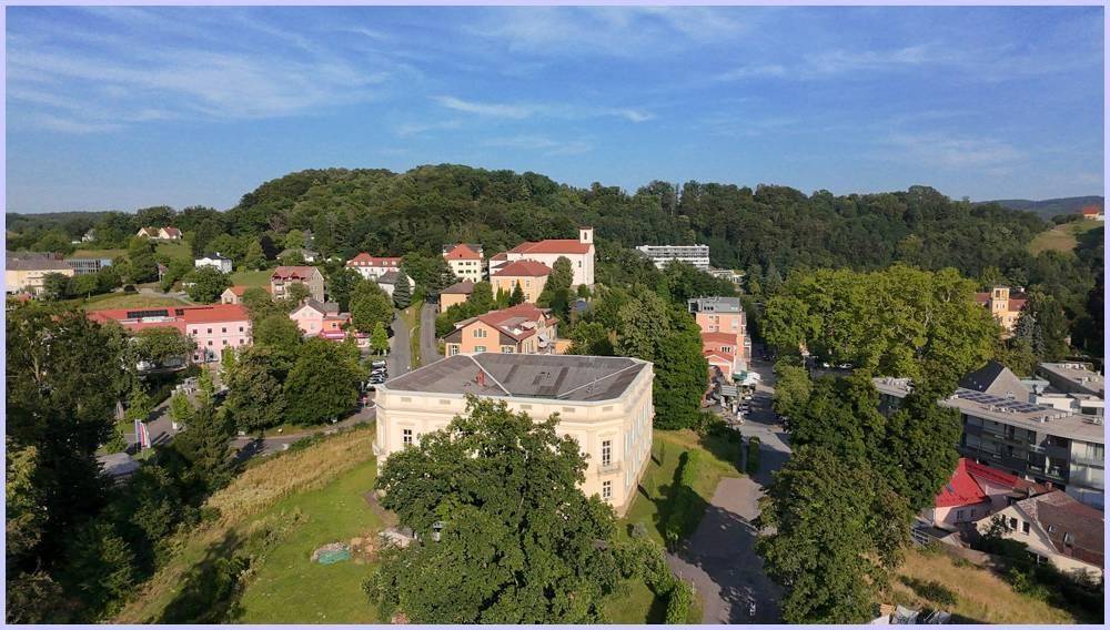 Luftaufnahme einer ländlichen Gegend mit historischen Gebäuden und viel Grün unter blauem Himmel.