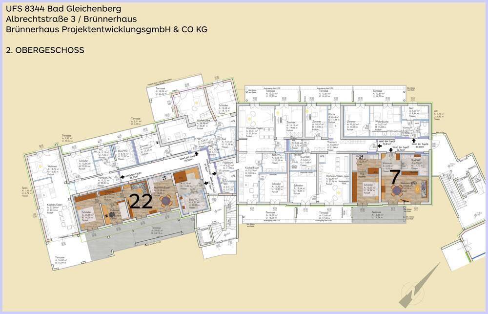 Gesamtgrundriss des zweiten Obergeschosses mit verschiedenen Wohnungslayouts und Terrassenzugängen.