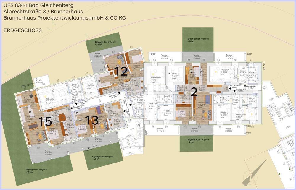 Gesamtgrundriss des Erdgeschosses mit verschiedenen Wohnungslayouts und privaten Gartenbereichen.