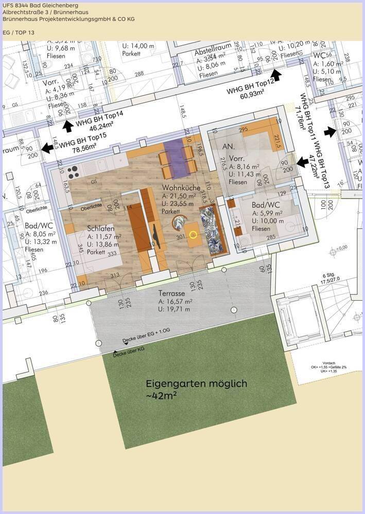 Grundriss einer Wohnung mit offener Wohnküche, Schlafzimmer und großer Terrasse mit Garten.