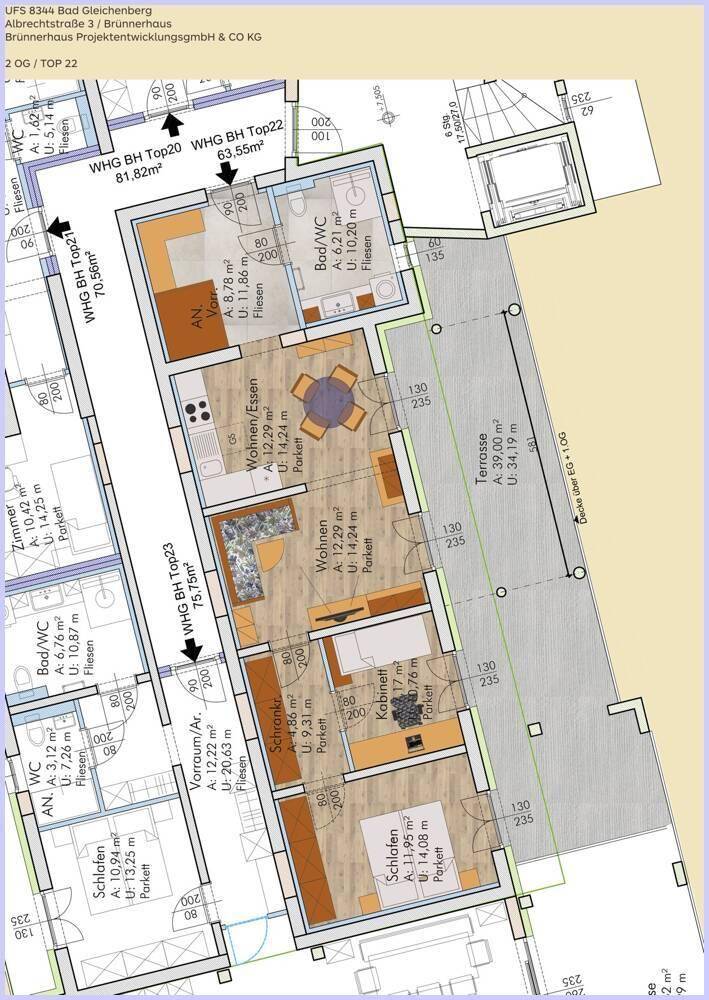 Grundriss einer Wohnung mit offener Wohnküche, Schlafzimmern und großer Terrasse.