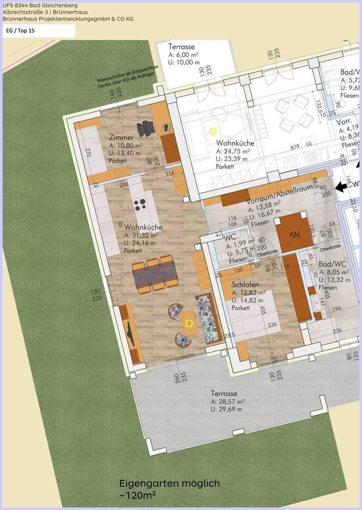 Grundriss einer großzügigen Wohnung mit mehreren Zimmern, Terrassen und weitläufigem Garten.