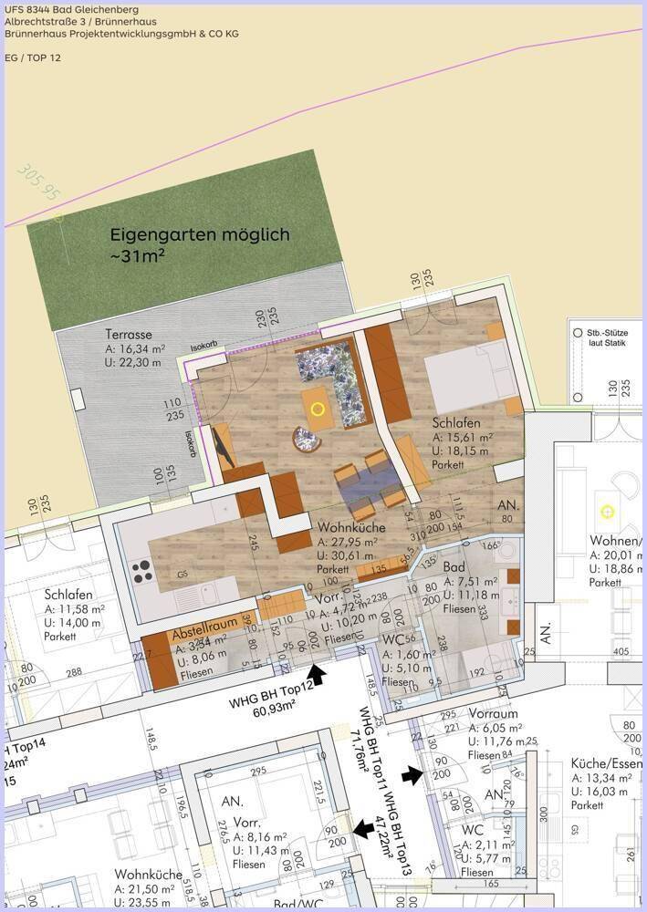 Grundriss einer Wohnung mit Wohnküche, Schlafzimmer und privatem Gartenbereich.