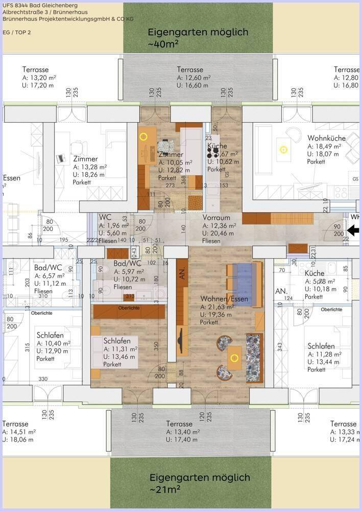 Detaillierter Grundriss einer Wohnung mit mehreren Terrassen und Gartenflächen.