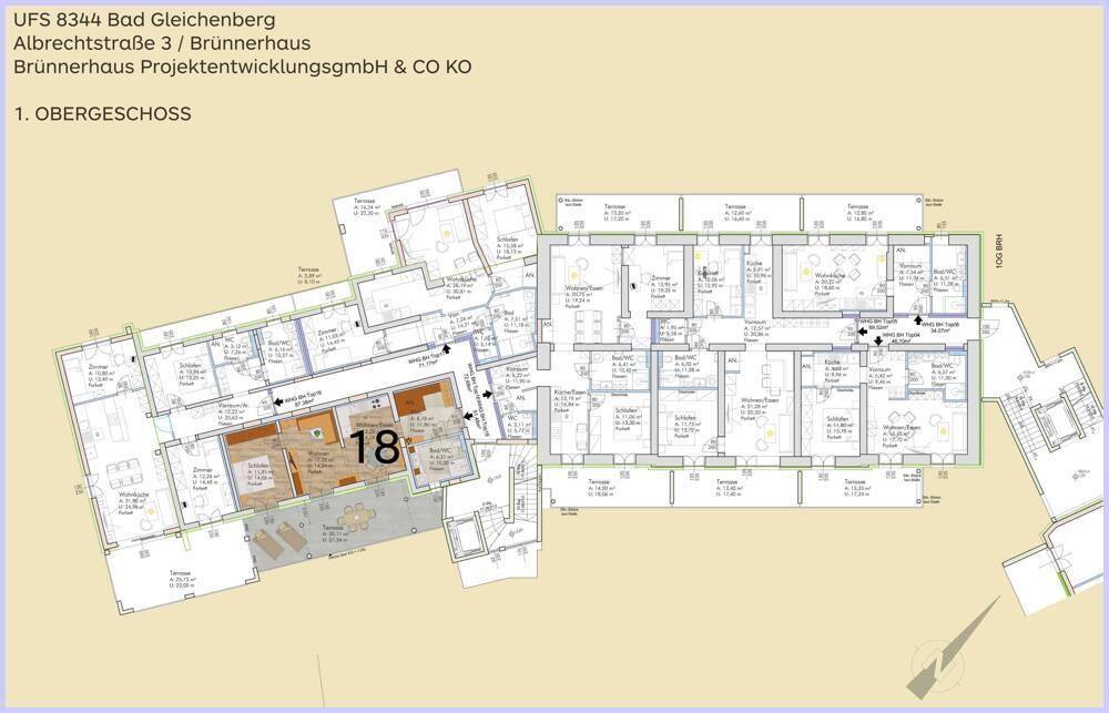 Grundriss des 1. Obergeschosses mit verschiedenen Wohnungslayouts, Wohnung 18 ist hervorgehoben.