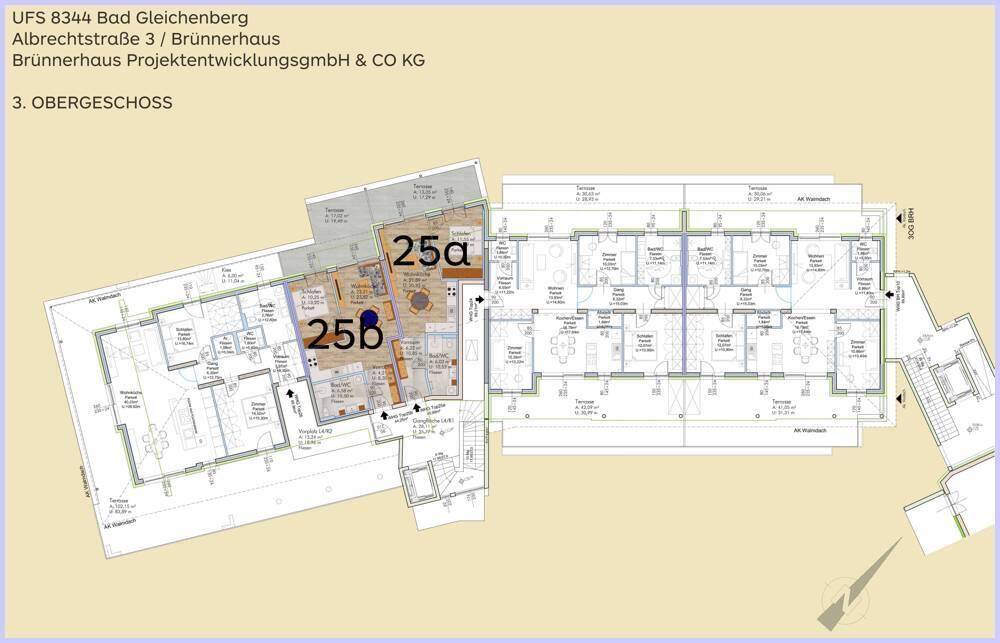Grundriss des 3. Obergeschosses mit verschiedenen Wohnungslayouts, Wohnungen 25a und 25b sind hervorgehoben.