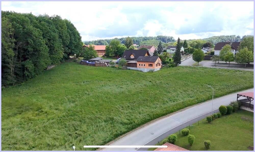 Weitläufiges grünes Grundstück umgeben von Wald und Wohnbebauung unter bewölktem Himmel.