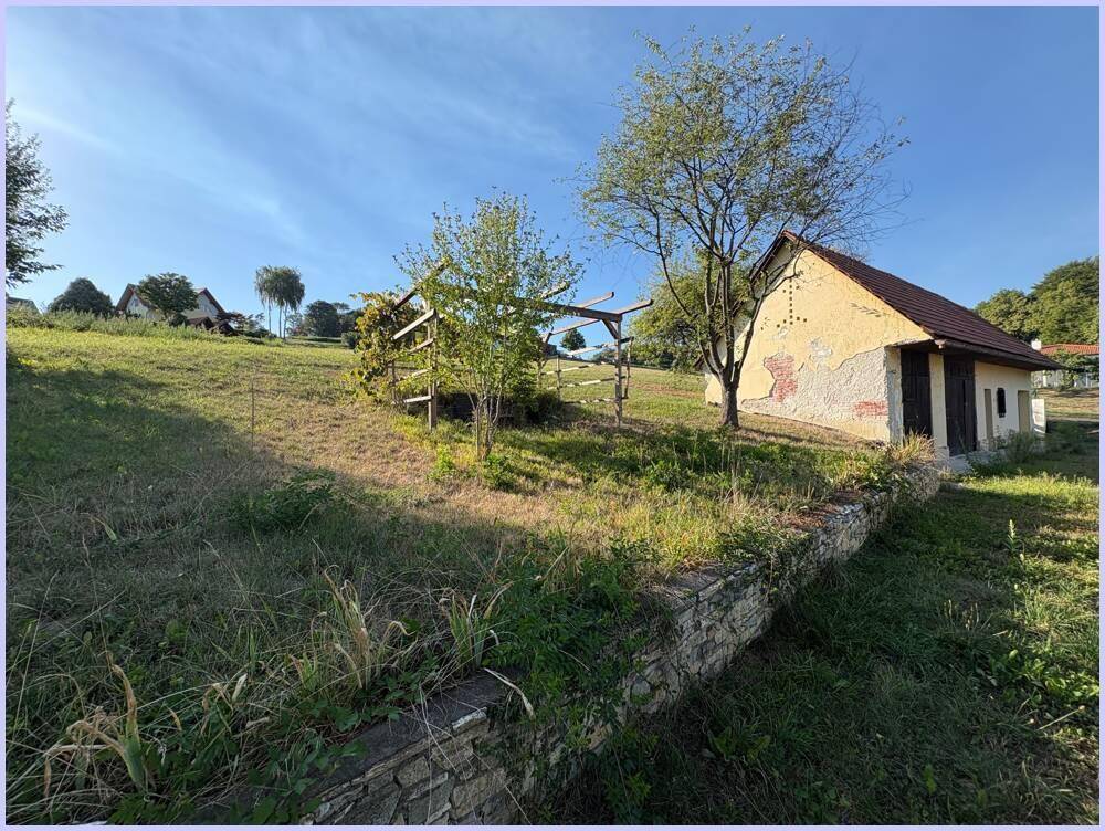 Blick auf ein Gebäude mit einer Steinmauer, hohem Gras und einer Holzpergola im Gartenbereich.