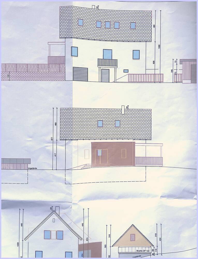 Architektonische Zeichnung mit verschiedenen Ansichten eines Hauses und seinen Proportionen.