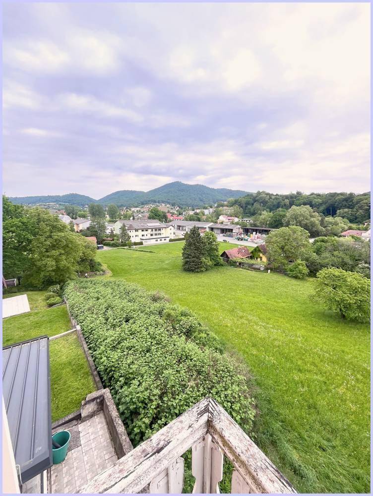 Weitläufiger Blick über eine grüne Landschaft mit Bäumen und fernen Bergen.