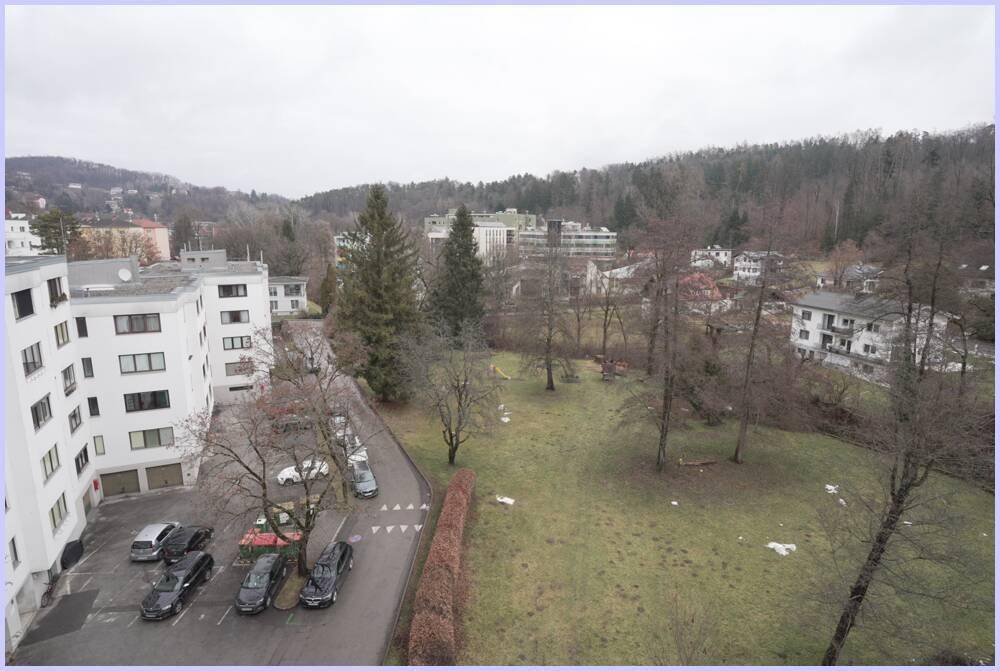 Panoramablick über eine Wohnsiedlung mit Grünflächen, Bäumen und geparkten Autos.