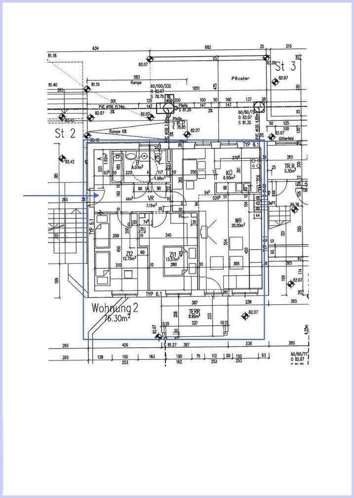 Grundriss der Wohnung 2 mit Raumaufteilung und Maßen.