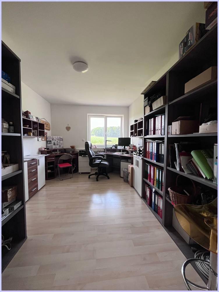 Großes Büro mit Regalen, Schreibtisch und Blick ins Grüne durch das Fenster.