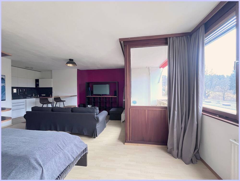 Geräumiger Wohnbereich mit Sofa und Blick auf die offene Küche, durch große Fenster hell erleuchtet.