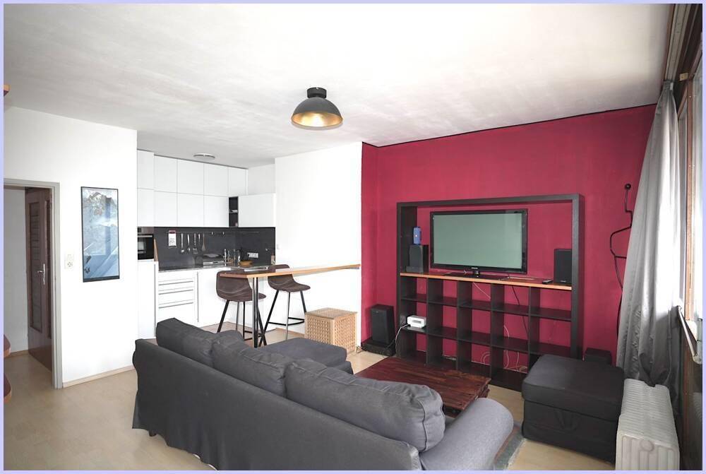 Wohnbereich mit Sofa und integrierter, moderner Küche, ideal für offenes Wohnen.