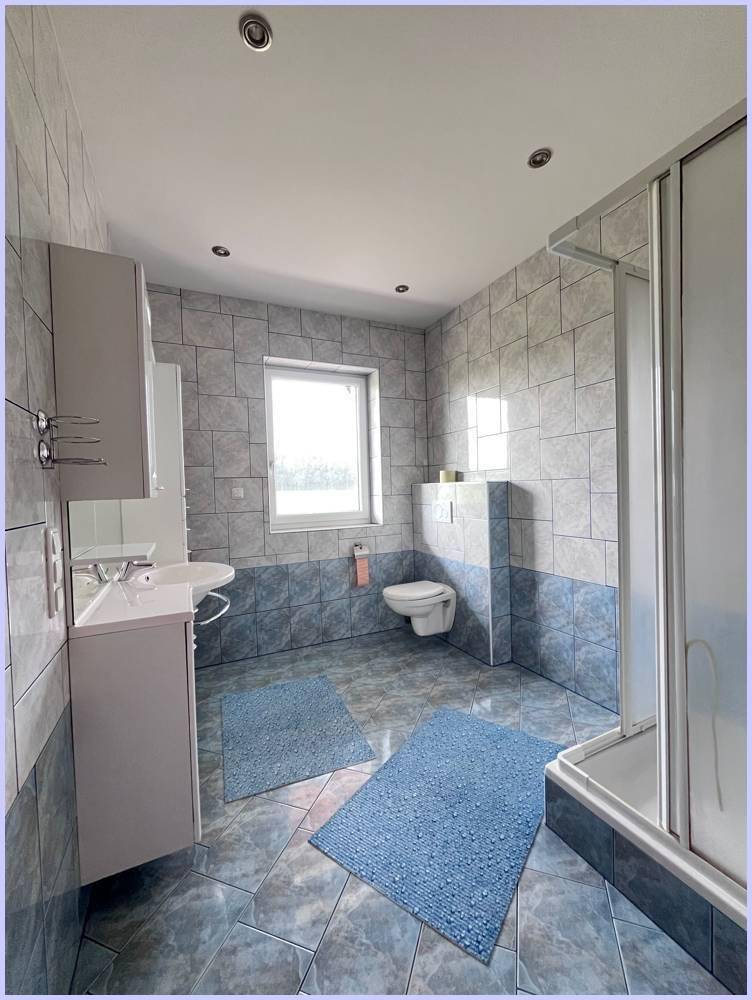 Badezimmer mit Dusche, WC, Waschbecken und blauen Fliesen.