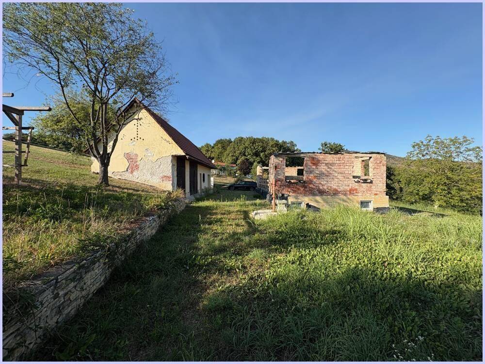Ansicht des Grundstücks mit einer Ruine und einem weiteren Gebäude, umgeben von hohem Gras.