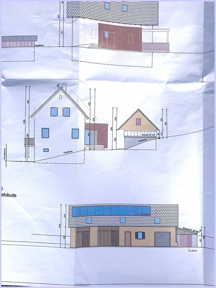 Architektonische Zeichnung mit verschiedenen Ansichten eines Hauses und seinen Proportionen.