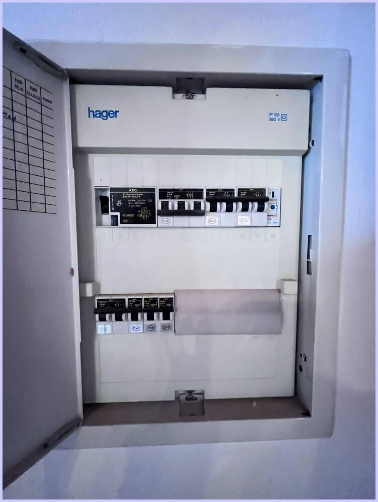 Modernerer Sicherungskasten mit Leistungsschaltern, der die elektrische Verteilung des Hauses darstellt.