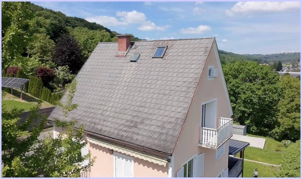 Dachansicht des Hauses mit Schornstein, Dachfenstern und umliegender Natur.
