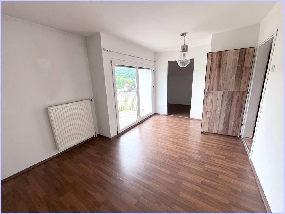 Leerer Raum mit Laminatboden, Heizkörper und Zugang zu einem Balkon.