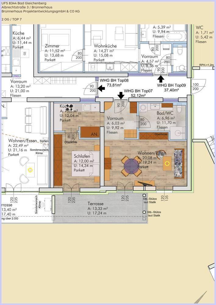 Detaillierter Grundriss einer Wohnung mit Wohn-Essbereich, Schlafzimmern und großer Terrasse.