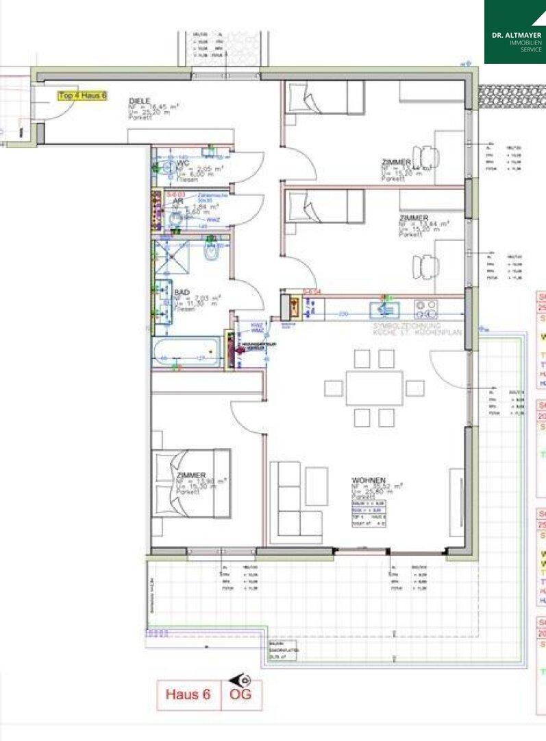 Grundrissplan einer Wohnung mit offenem Wohn-Essbereich, drei Schlafzimmern und einem Balkon.