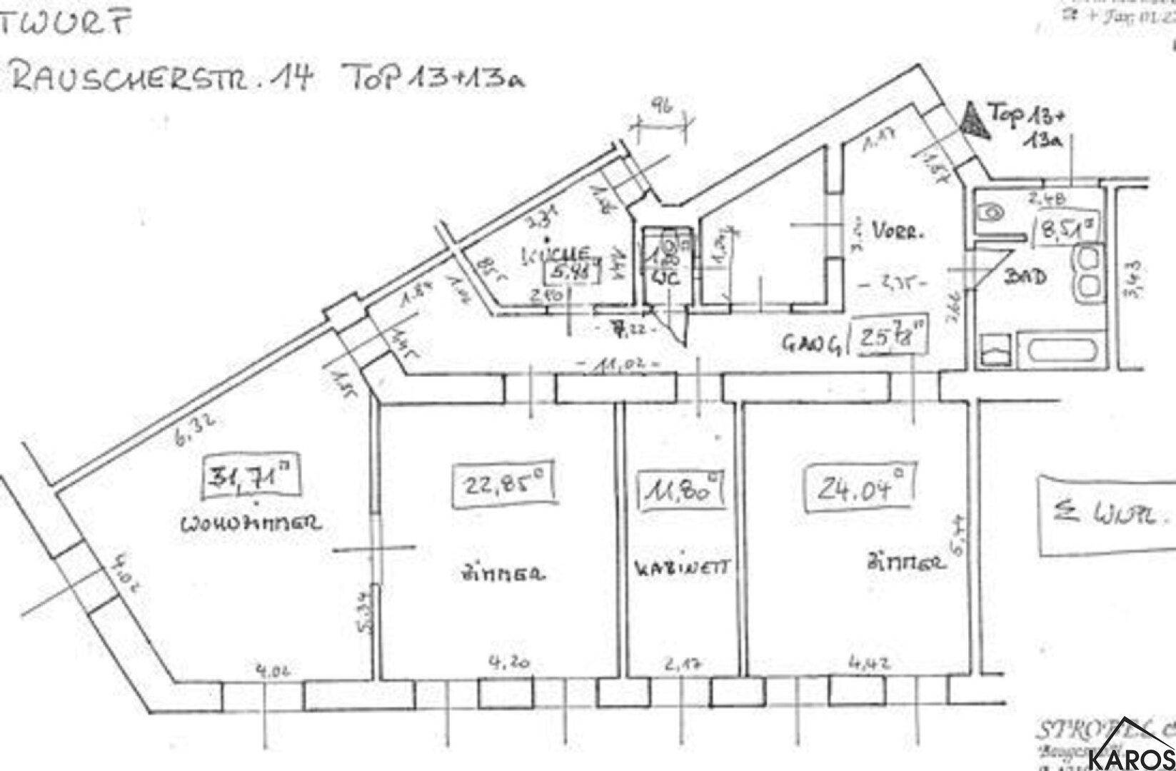 Grundrissplan der Wohnung mit mehreren Zimmern, Küche und Bad.