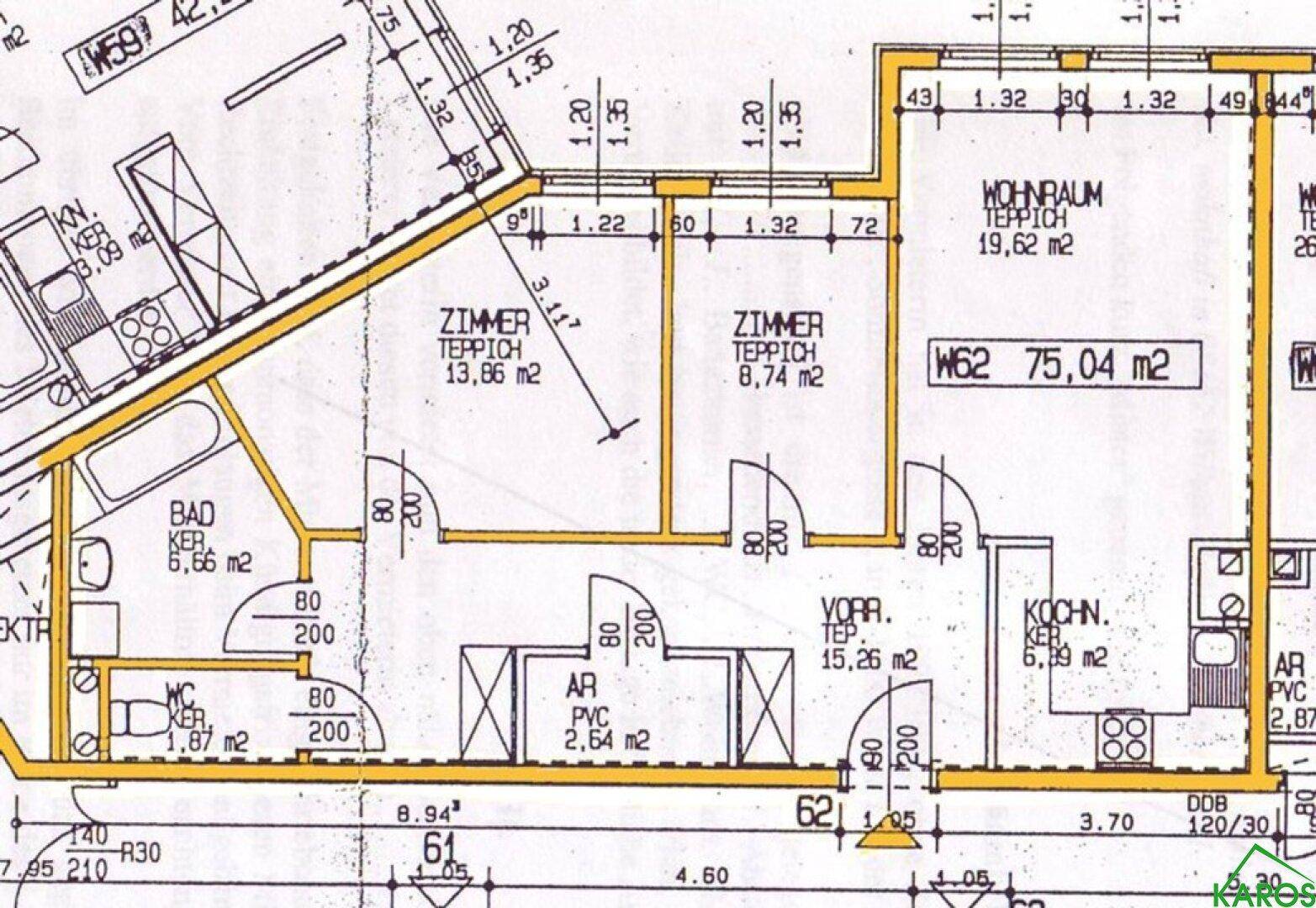 Grundriss der Wohnung mit Zimmern, Bad, Küche und Gesamtfläche von 75,04 m².