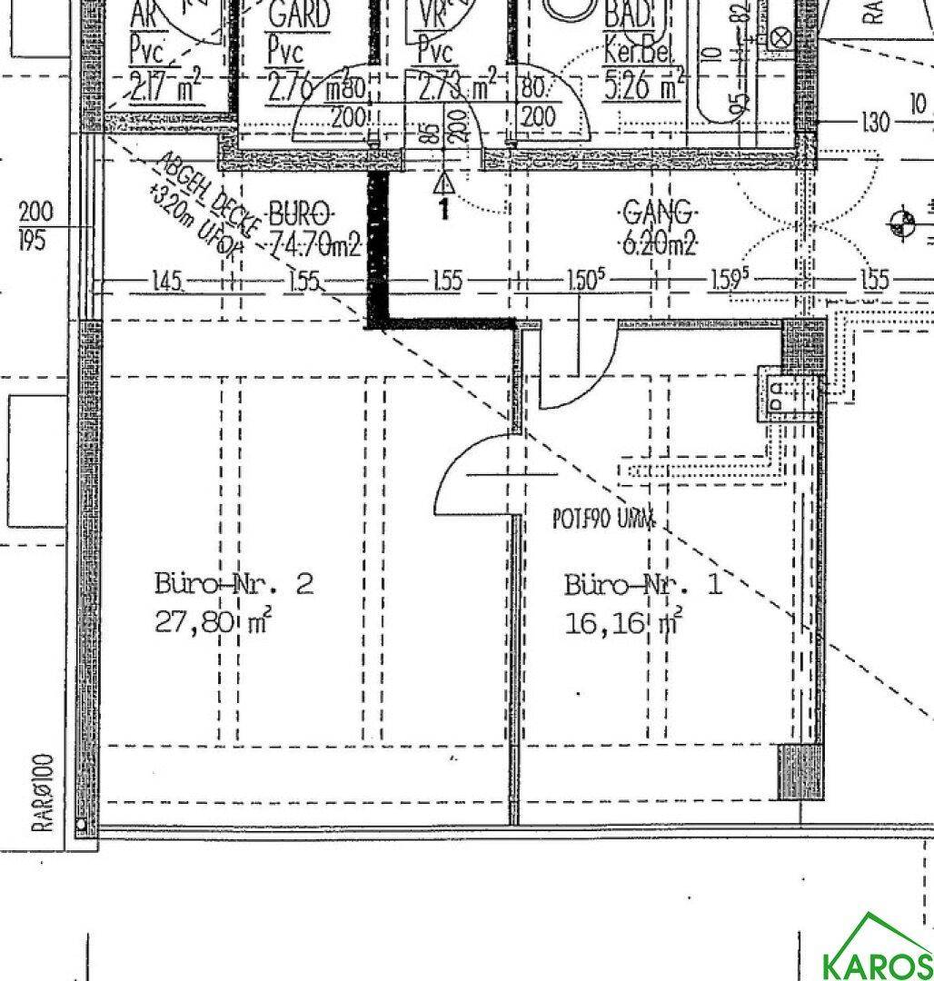 Detaillierter Grundriss mit zwei Büroräumen, Gang und Bad, inklusive Flächenangaben.