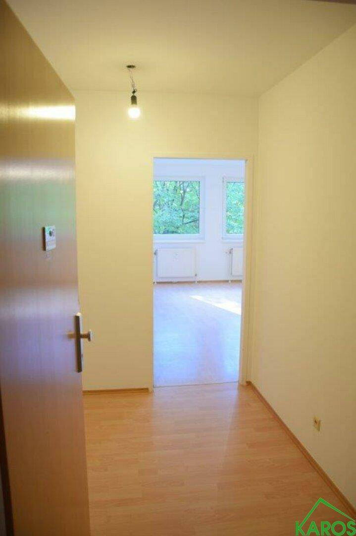 Heller Flur mit Laminatboden, der zu einem weiteren Zimmer führt.