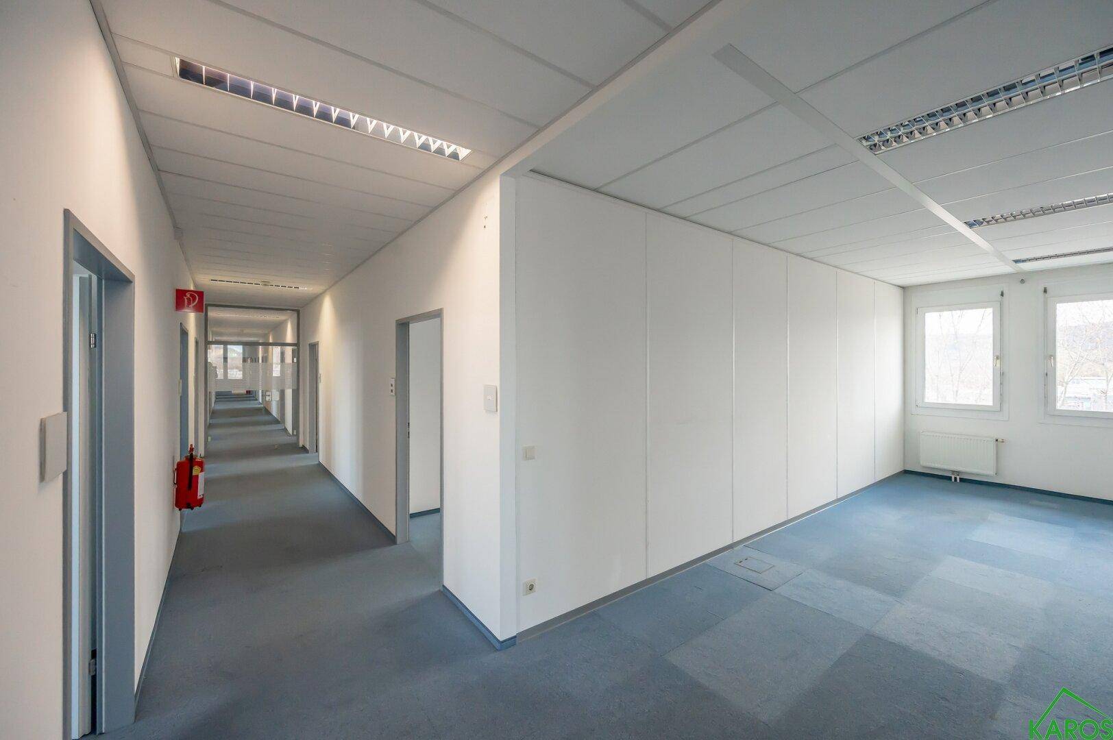 Geräumiges Büro mit Teppichboden und Fenstern, angrenzend an einen langen Flur.