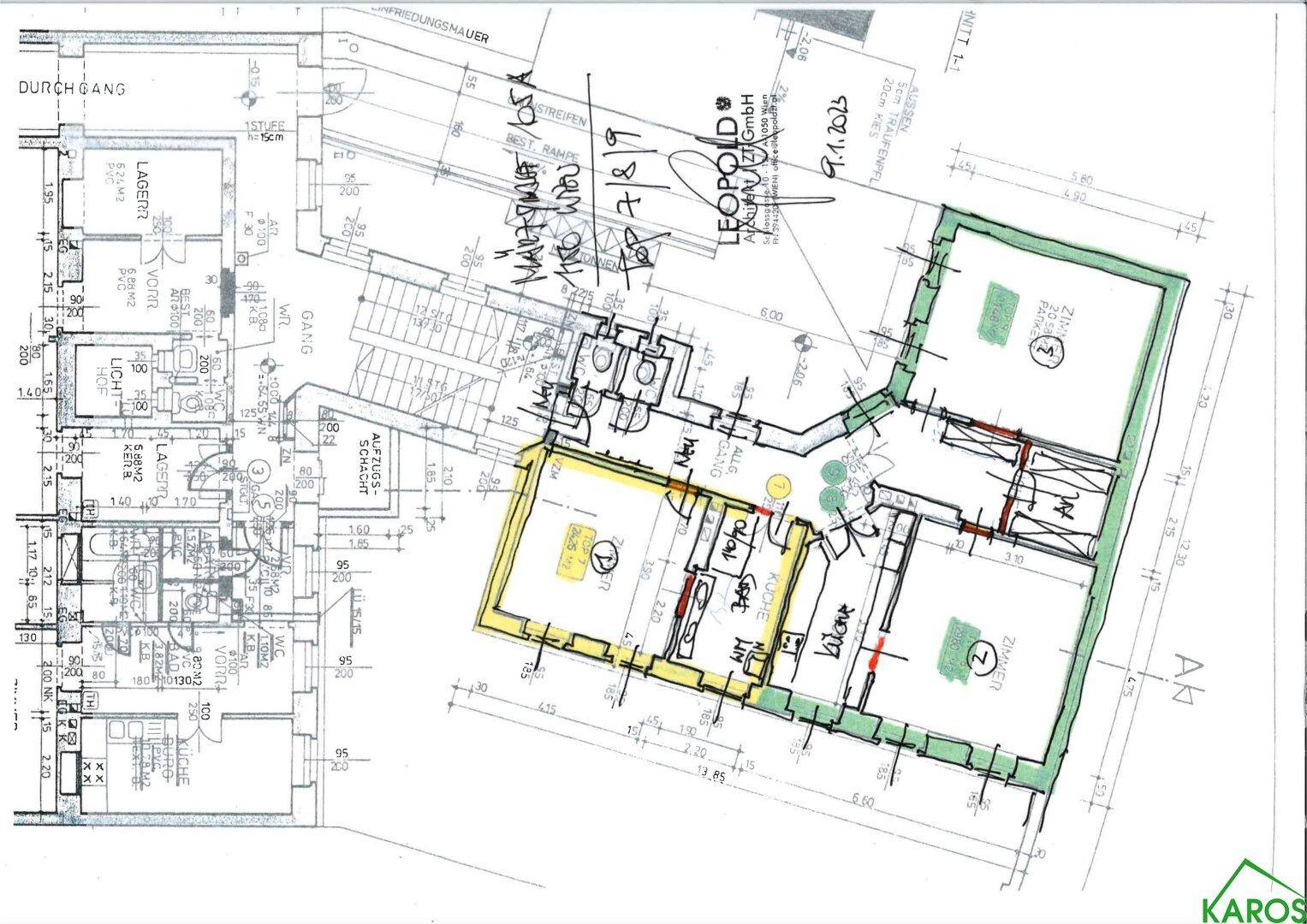 Detaillierter Grundriss einer Wohnung mit mehreren Zimmern und Lagerflächen.