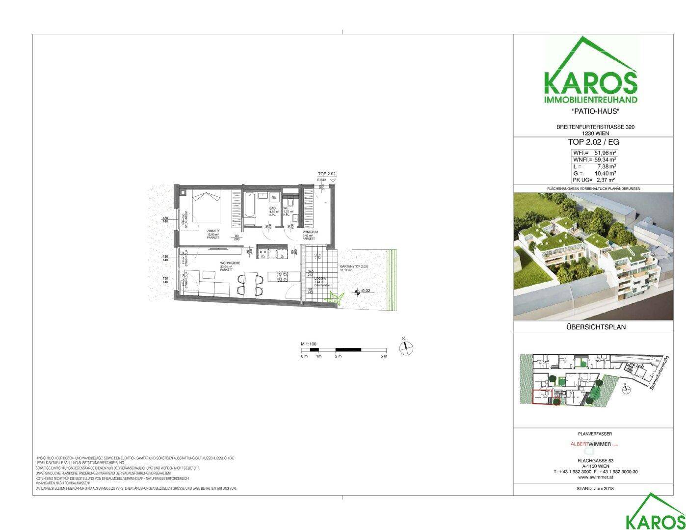 Grundriss des Patio-Hauses mit Wohnbereich, Schlafzimmer und Garten.