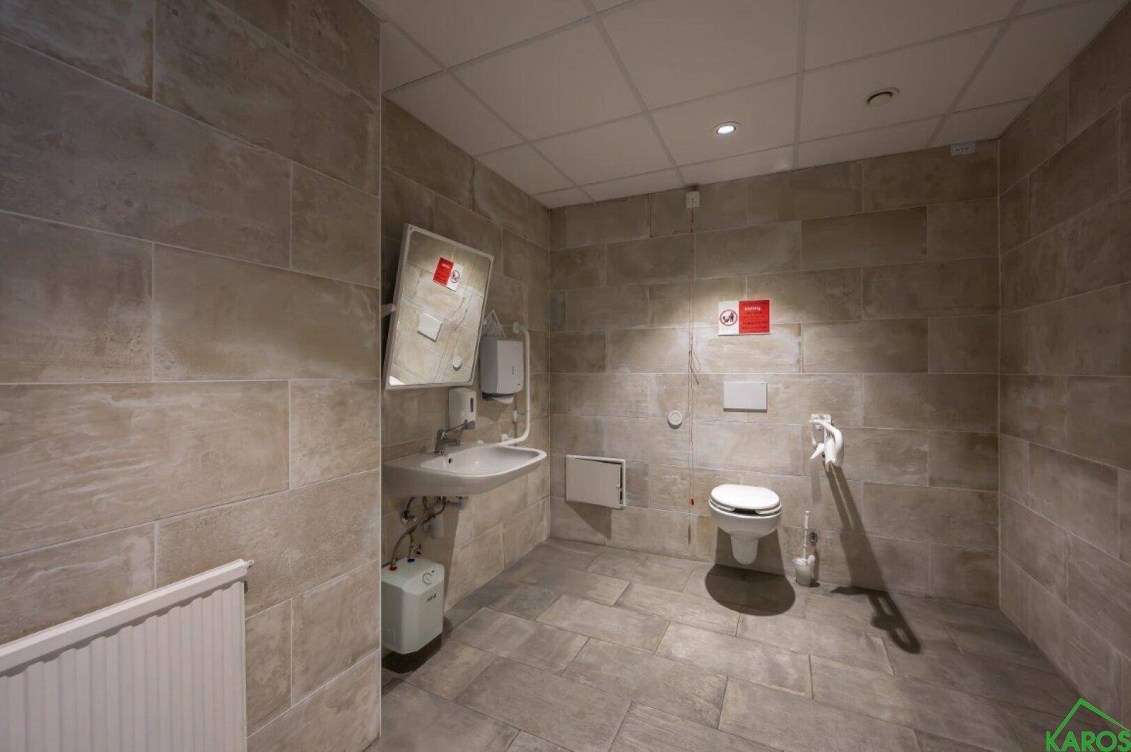 Barrierefreier Toilettenraum mit Haltegriffen, Waschbecken und Heizkörper an der Wand.