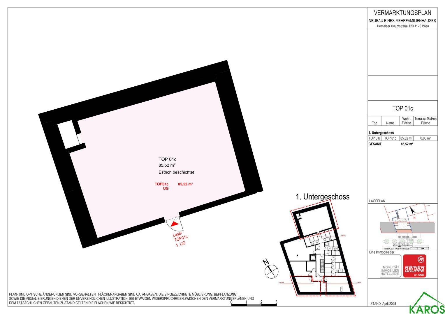 Grundriss des ersten Untergeschosses eines Neubaus, zeigt eine große Lagerfläche von 85,52 m².