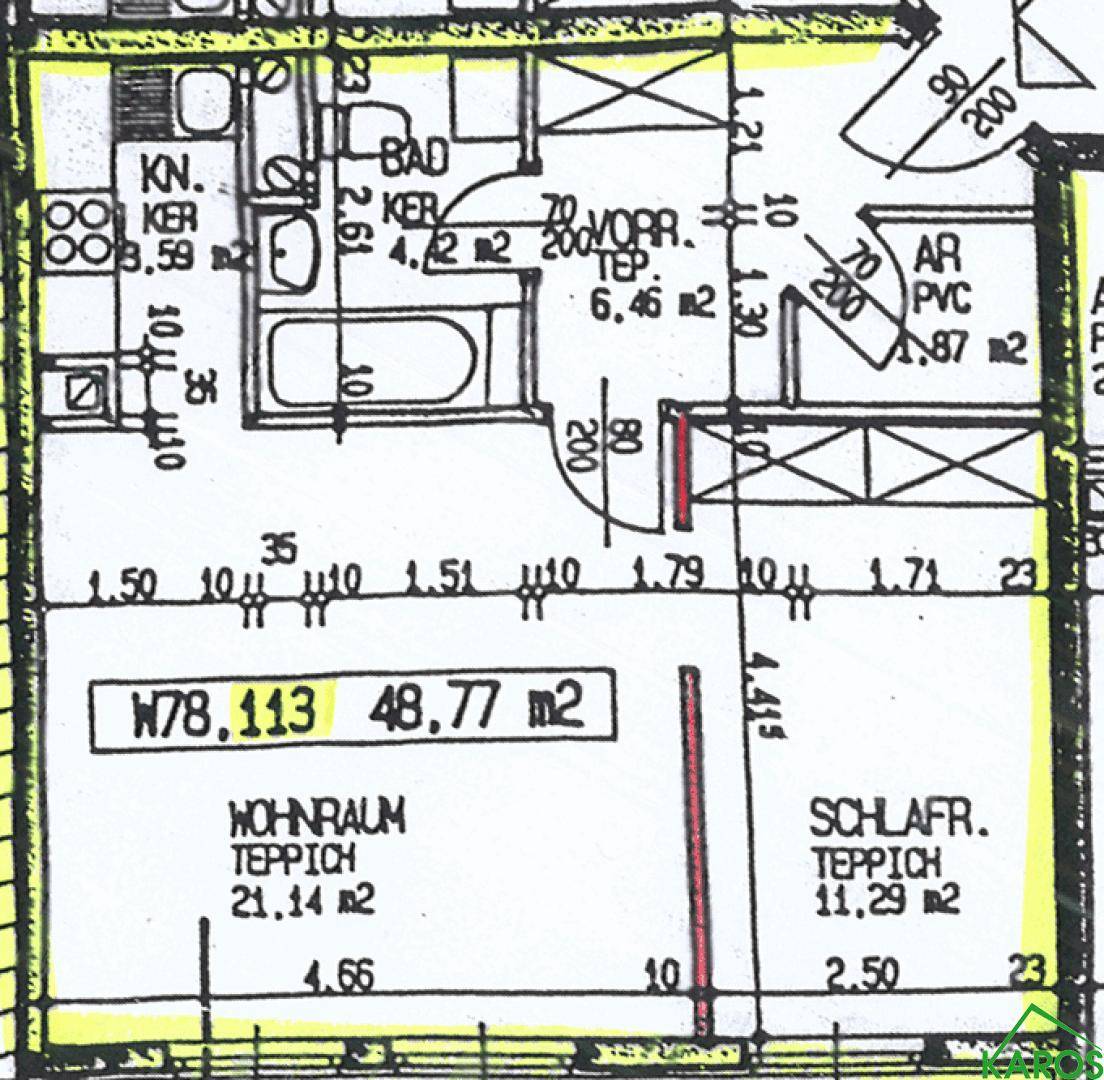 Detaillierter Grundriss mit Wohnraum, Schlafzimmer, Bad und Abstellraum.