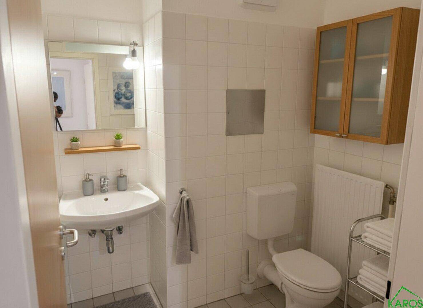 Modernisiertes Gäste-WC mit Waschbecken, Spiegel und praktischem Wandschrank.