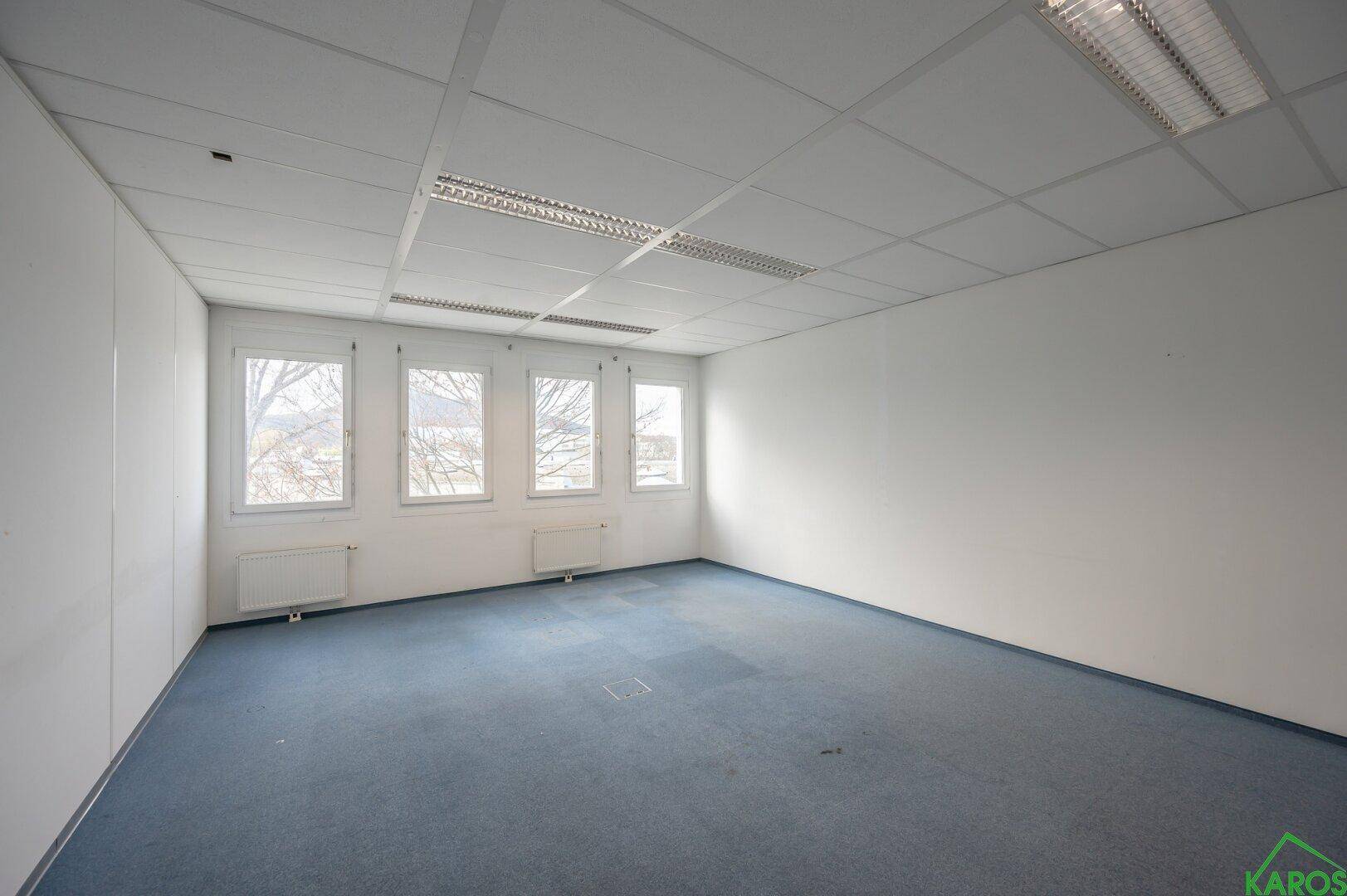 Geräumiges, leeres Büro mit blauer Teppichboden, weißen Wänden und vier großen Fenstern für viel Helligkeit.
