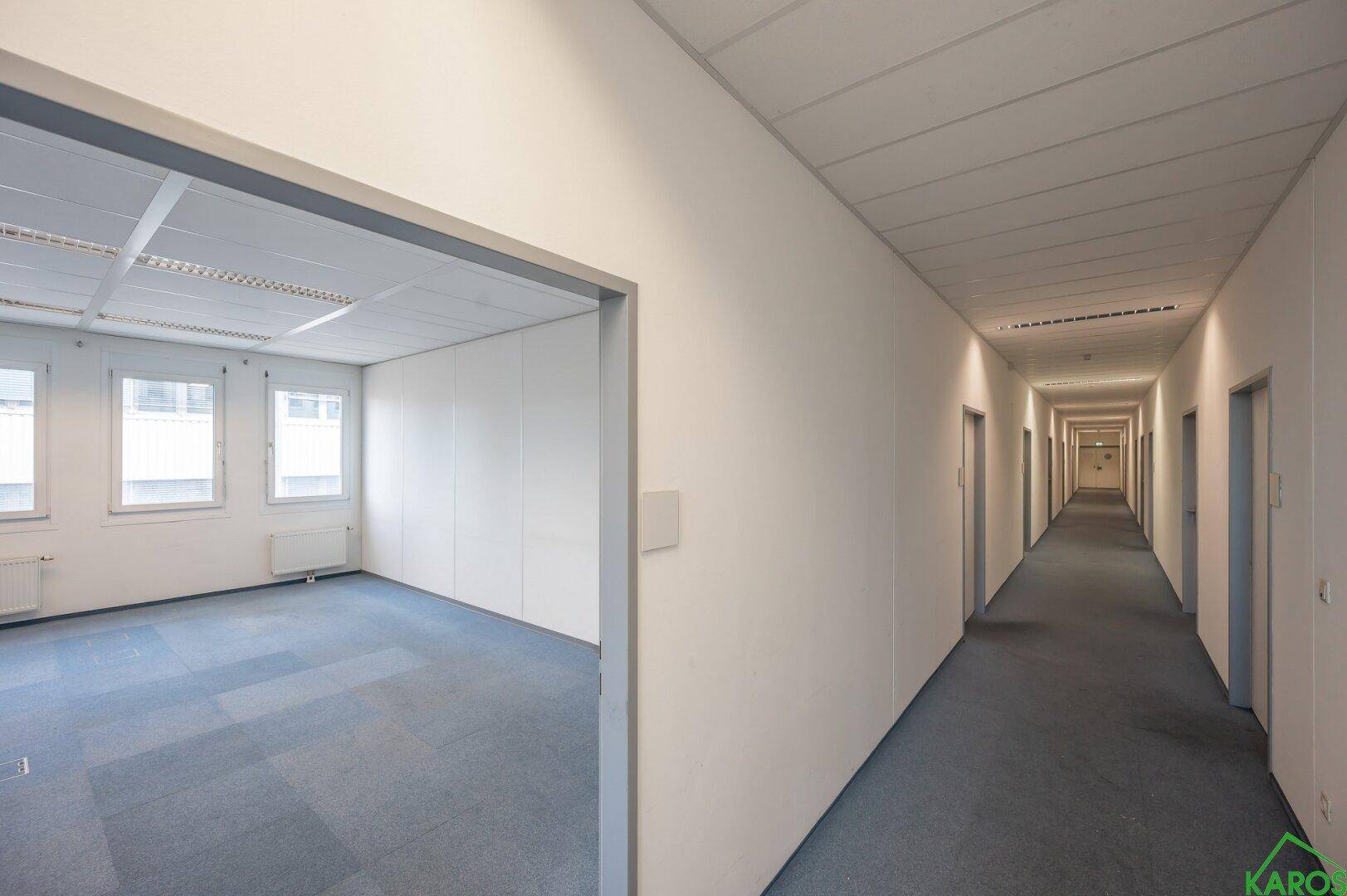 Leeres Büro mit Zugang zu einem langen, gut beleuchteten Flur mit zahlreichen Bürotüren.
