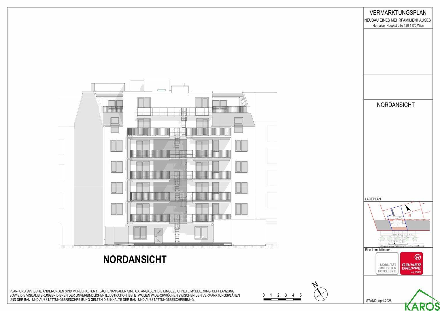 Nordansicht des Neubaus mit mehreren Balkonen und großen Fensterfronten, zeigt moderne Architektur.