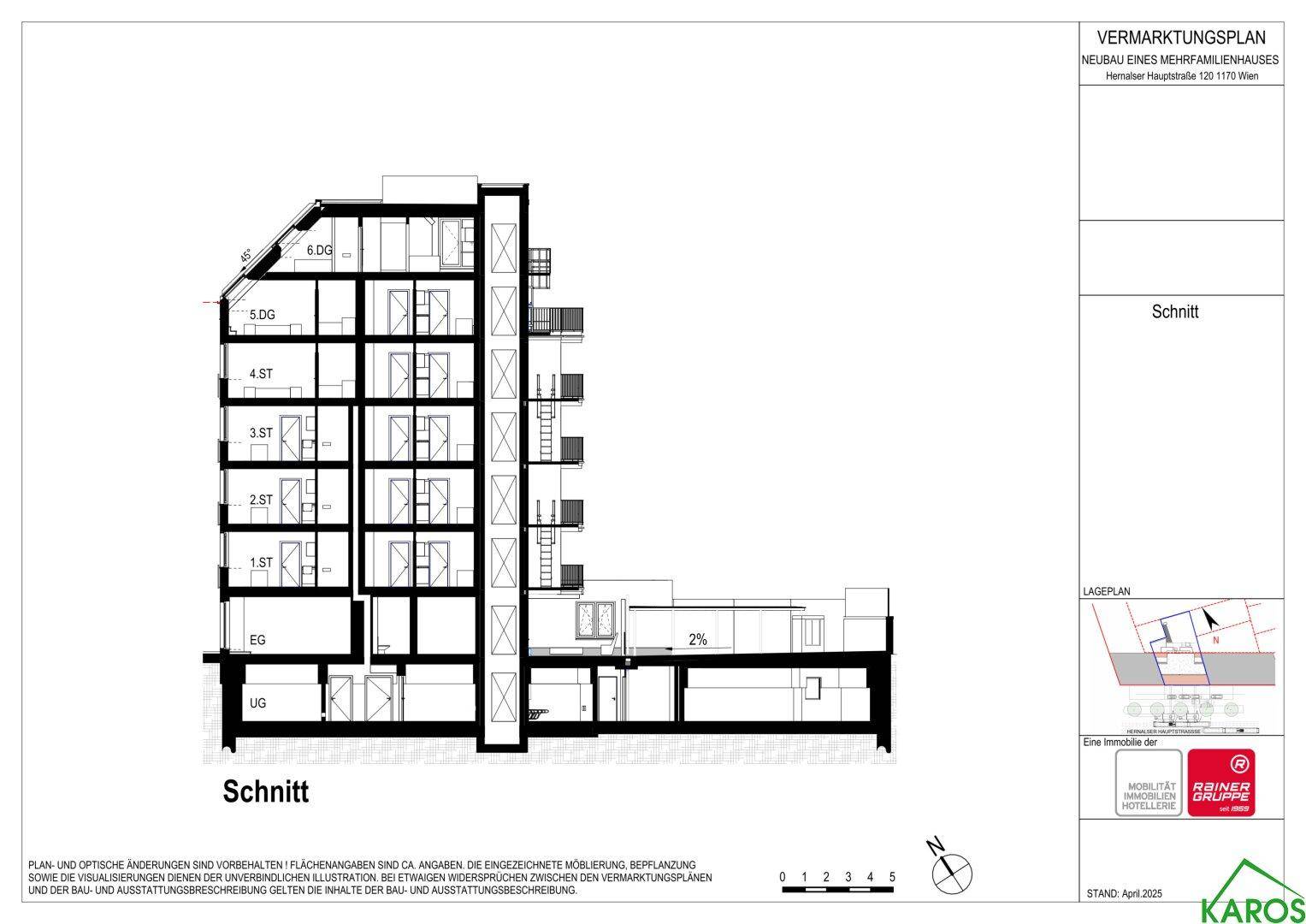 Architektonischer Schnitt des Gebäudes, zeigt die vertikale Struktur über mehrere Stockwerke und das Kellergeschoss.