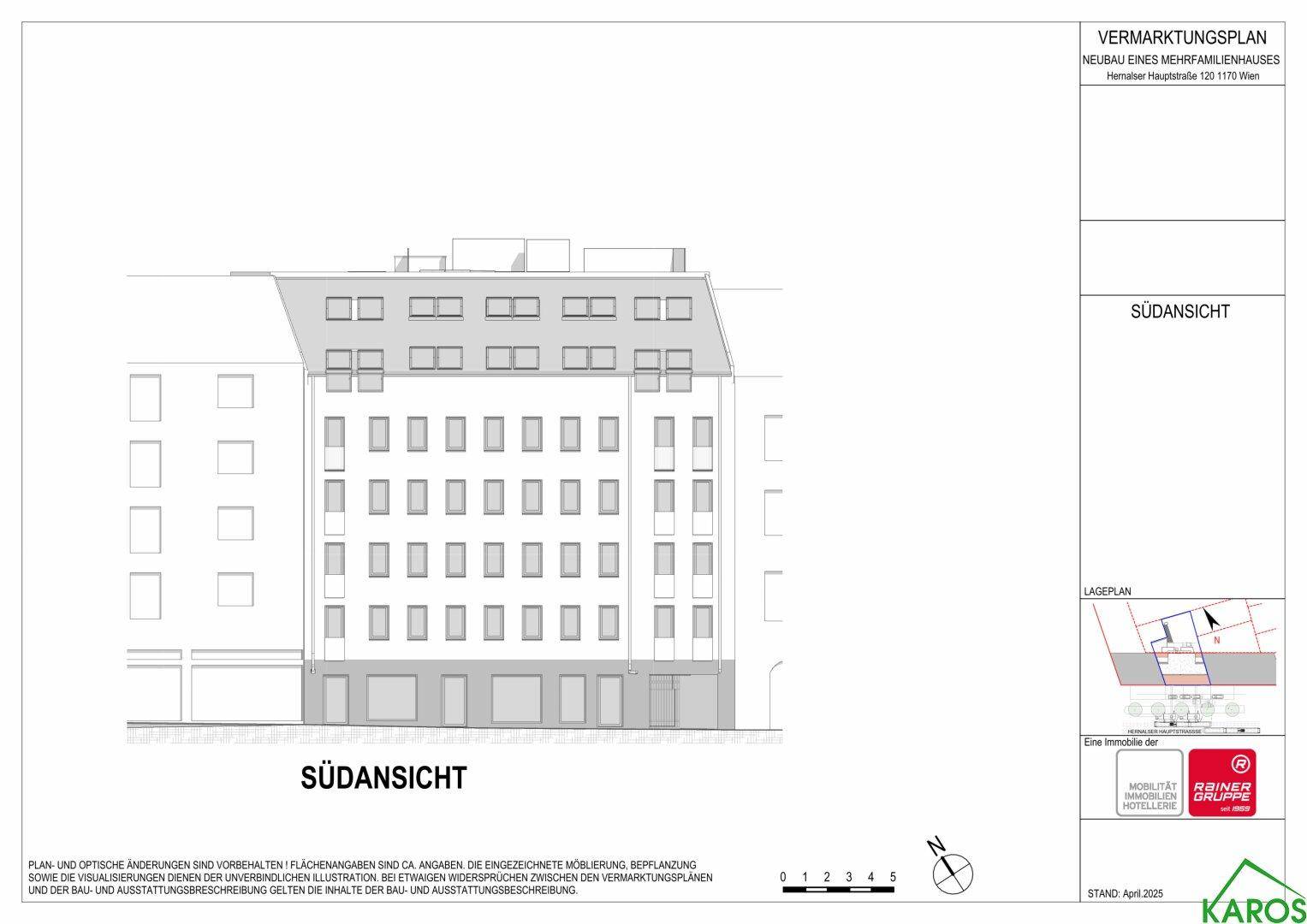 Architektonische Südansicht des Neubaus, zeigt die Fassadengestaltung mit Fenstern und Erdgeschossbereichen.