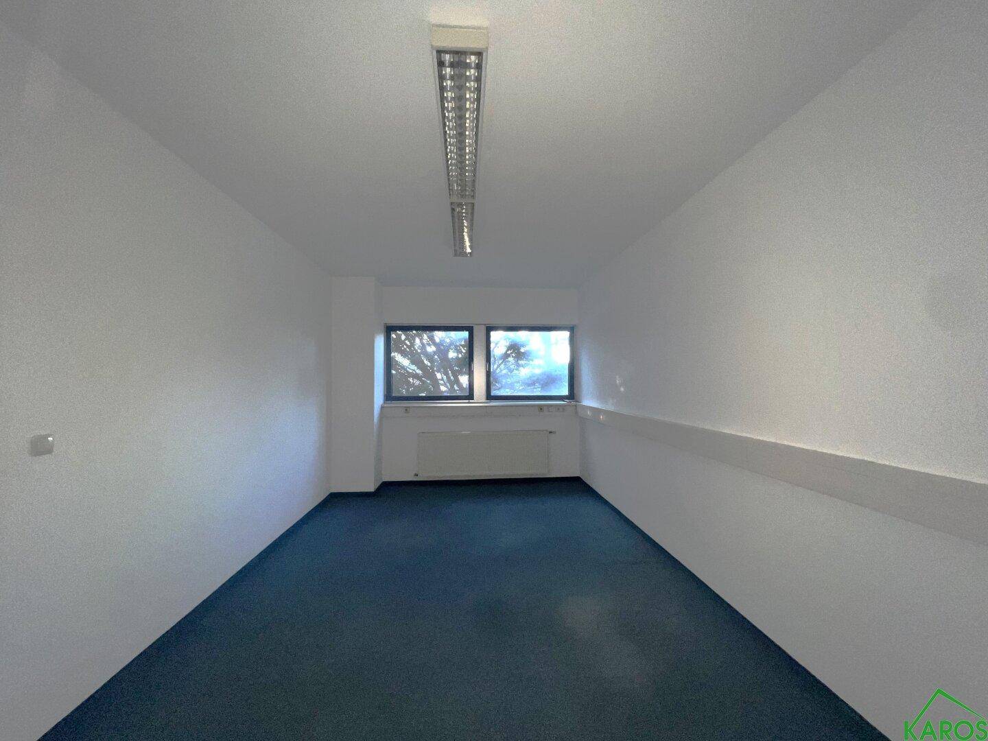 Geräumiger, leerer Büroraum mit blauem Teppichboden, weißen Wänden und Fenstern, die Tageslicht hereinlassen.
