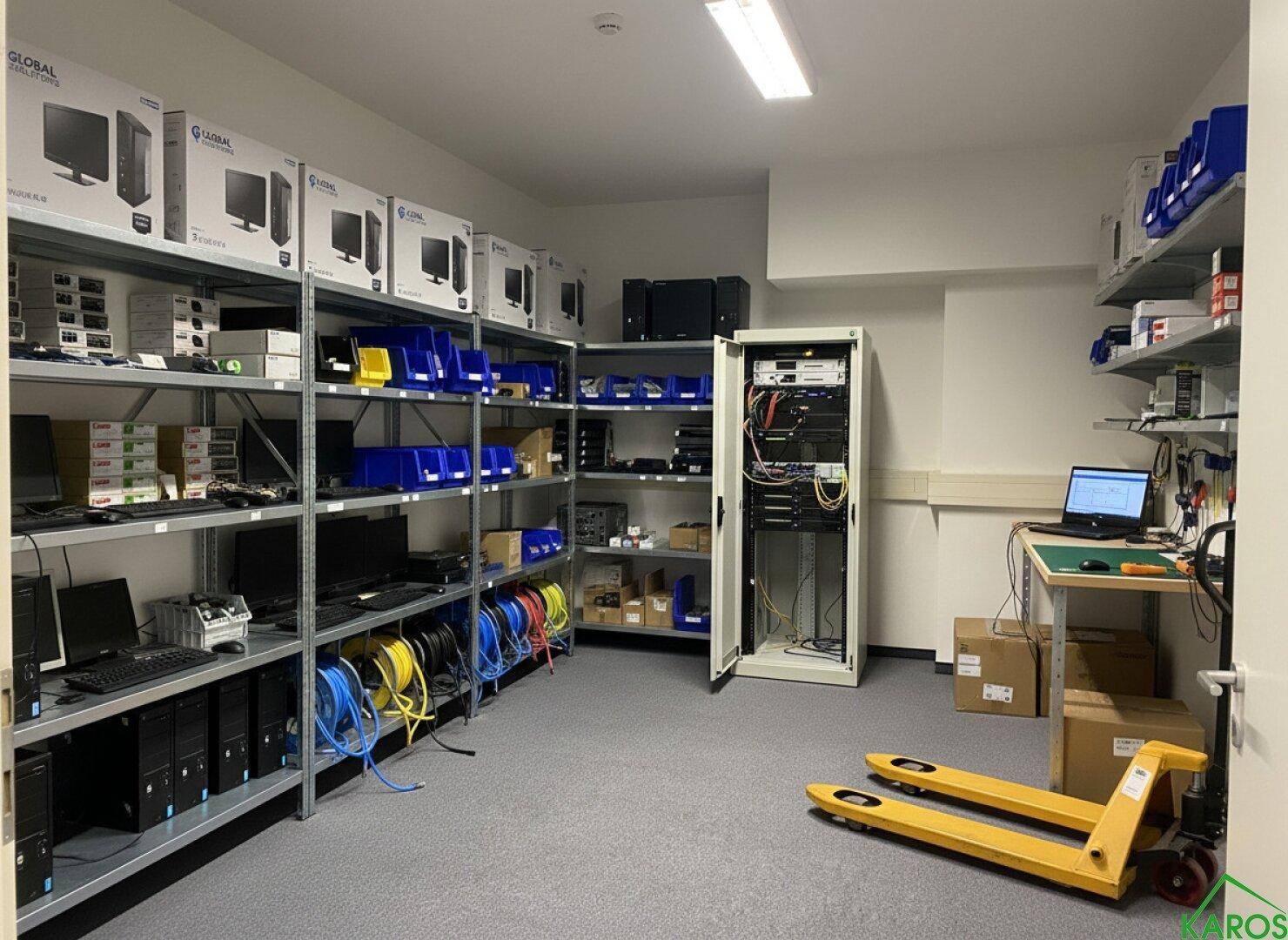 Serverraum mit Regalen, Computern, Kabeln und einem Hubwagen auf grauem Teppichboden.